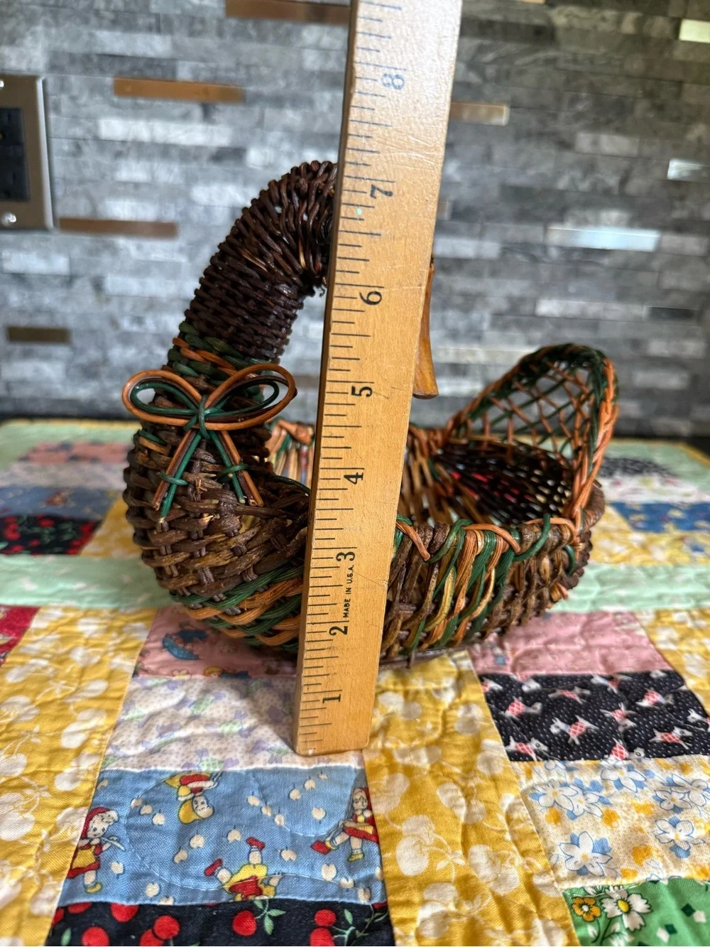 Vintage Cottage Core Woven Duck Basket with Green & Brown Accents
